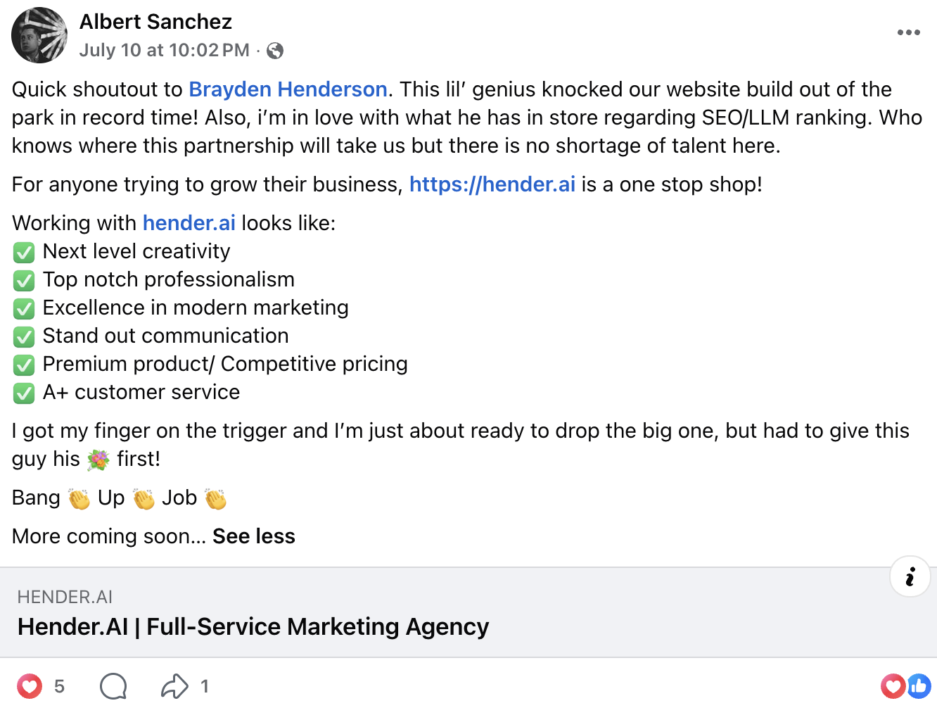 Facebook post from Albert Sanchez praising Hender.AI's website build and SEO work
